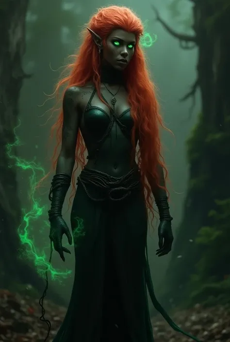 Create a black elf ,  with green eyes and red hair