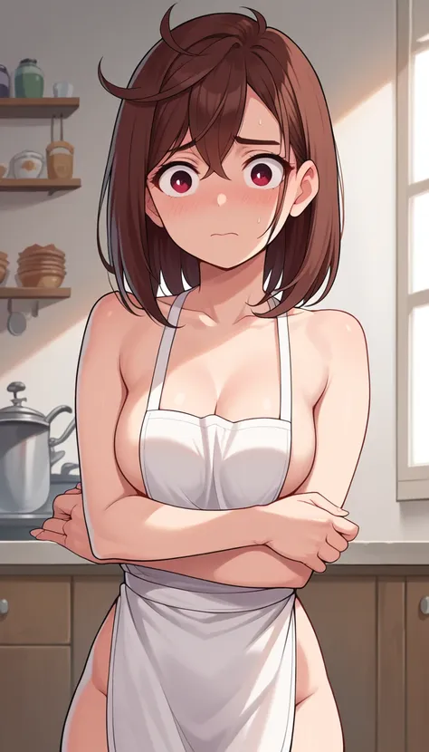 ayase_wz, medium hair, brown hair, brown eyes, medium breasts, posing embarrassed, red face, nude, suspender naked apron