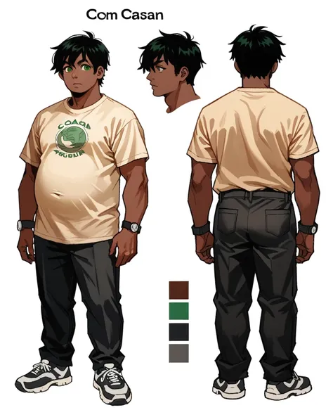  human Male Adult  , dark-skinned male, oc ,Simple background,character sheet , concept art , Black hair Style ,FAT body  , wearing  shirt , Black Pants  , Green pupils ,