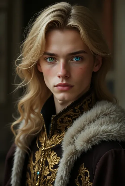 A very handsome 19 years old prince with blond hair , blond lahes, blond brows,big eyes ,full lashes, full brows,wearing a fancy royal regalia,he as a mole under his eye, his left eye is green and his right eye is blue , his hair is princely styled, his ha...