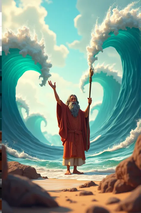 Moses with his staff opening the sea in Disney Pixa 3D style 