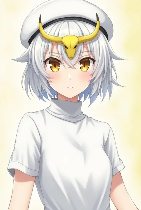 Anime character Jibi, a short-haired man wearing a white beret with white hair, wearing a white turtleneck, with a yellow bull horn, golden eyes. 