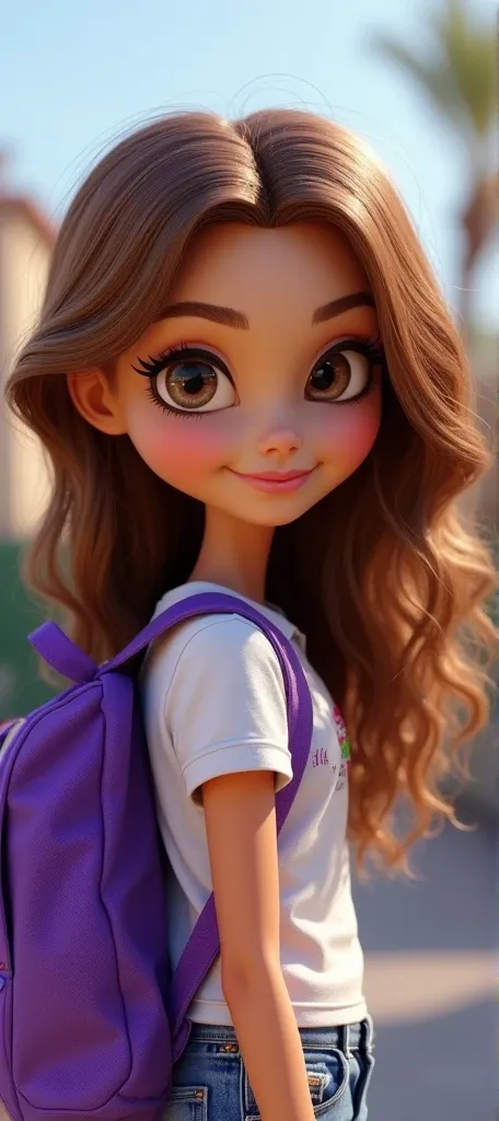 Make a realistic  with the height 1 ,40 cm, thin. wavy brown hair, eyes of the same color,  cheeky and wearing a purple Monster High backpack to go to school.