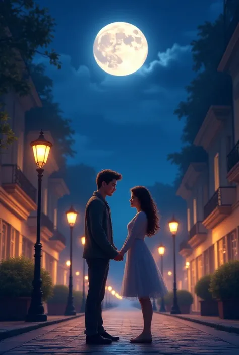 Two young and beautiful couples are waiting in a street  , holding their hands each other the street was so beautiful with a beautiful night sky the moon with delightful light the sky was so dark and bright. 