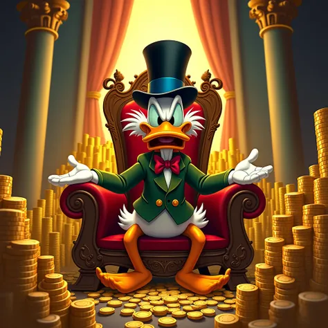 Scrooge McDuck sitting on the throne making a crazy face with a lot of money is stylish