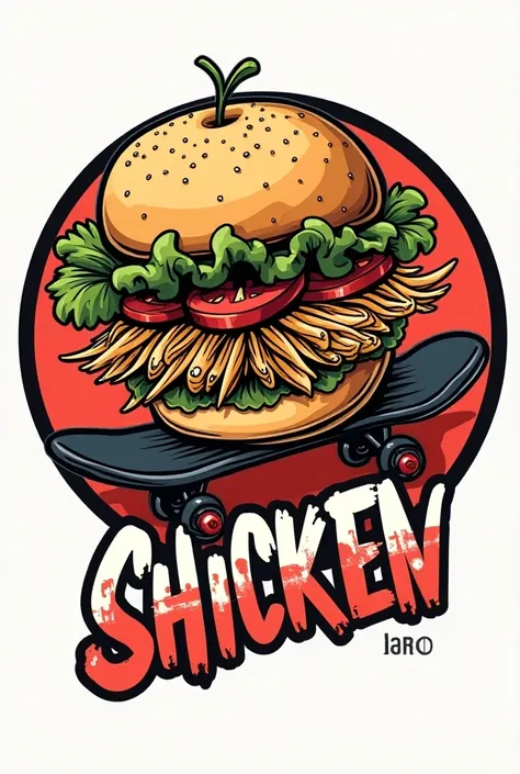 Create a logo to sell sandwich ,  that shows shredded chicken with rubble potato that has an undergroun and hiphop ,   touch the sandwich is on a skateboard and with graffiti letters that say sandwich. In a circular shape and without tomato 