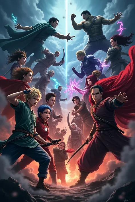 Generate a poster for an epic anime and Marvel crossover event, featuring famous characters from both universes. Include anime characters like Sung Jin-Woo (Solo Leveling), Kakashi (Naruto), Gojo (Jujutsu Kaisen), Zoro (One Piece), Muzan (Demon Slayer), Re...