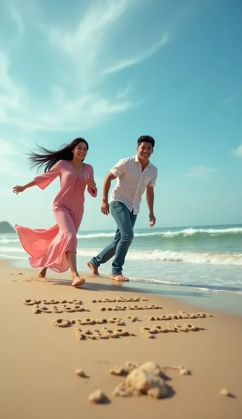 A realistic photoshoot. Create a Malay woman wearing a long blouse pink and a Malay man wearing a short-sleeved shirt and stiff jeans chasing and run  the woman on the beach and writing a speech "Orang memberi kita merasa" "Orang x memberi kita paksa"