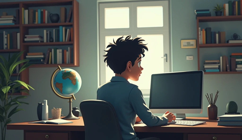 The narrator is shown speaking in a thoughtful, modern setting with books, a globe, and a computer screen in the background. 