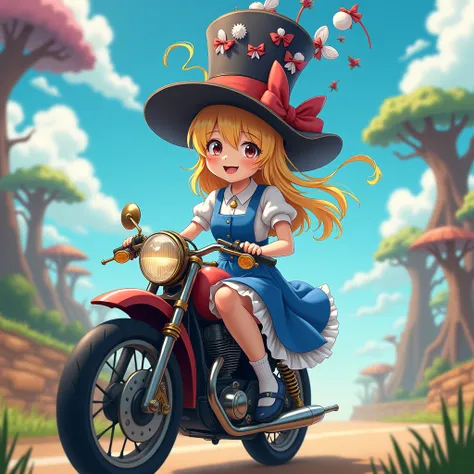 Anime version of Alice in Wonderlands crazy hat riding a motorbike