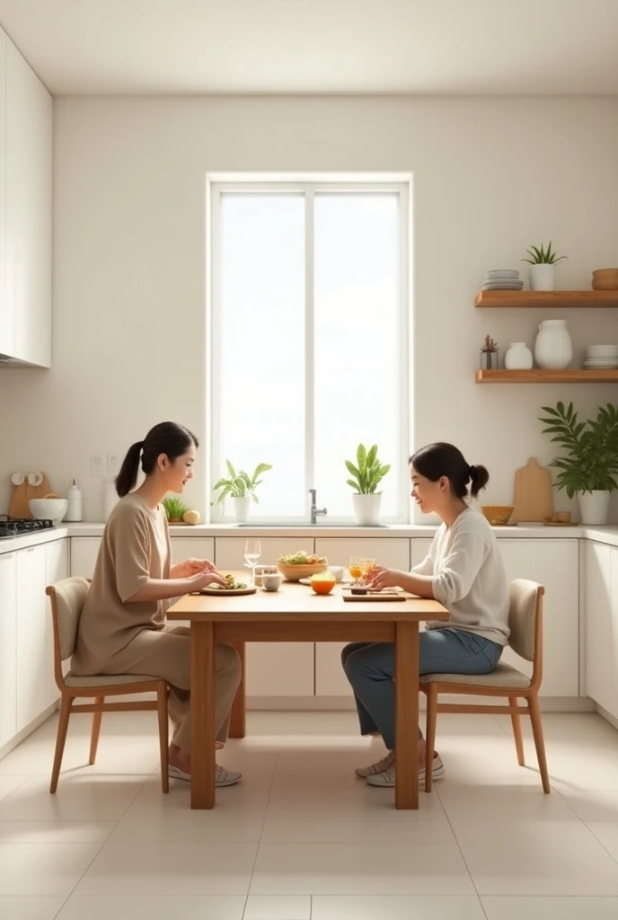  Create a design of a kitchen with walls and white floors ,  with a rectangular wooden table and a rectangular white window. Two s sit around the table,  an adult mother and an adult father 