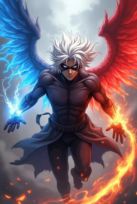 A anime character have white colour hair with korean hairstyle and he using lightning magic powers with badass pose and also wearing a mask he has wings and he fly his left wing is blue colour and his left hand is controlled lightning magic and his right w...