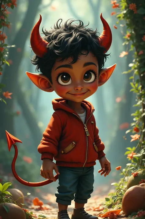 a boy with dark skin, small and reminiscent of a little devil