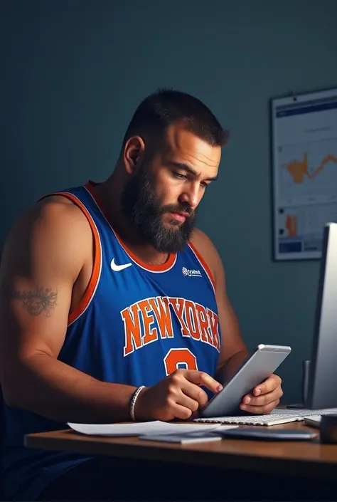 Homme obèse qui porte un maillot basket New York Knicks qui regarde des statistiques 