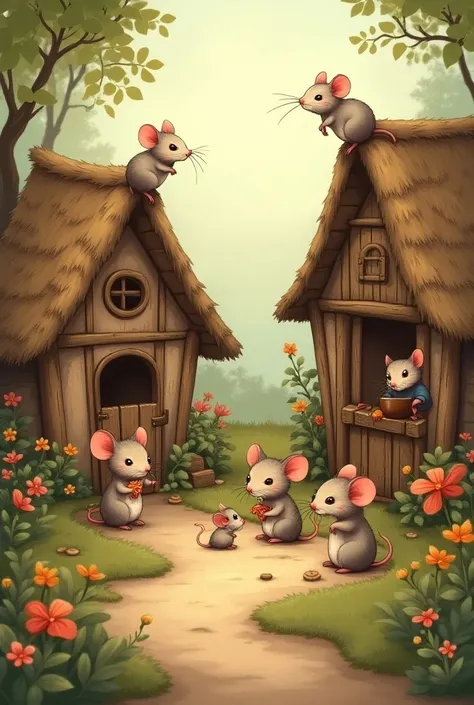  Little mice inside their house to put on my wall. A family of rats with little houses  