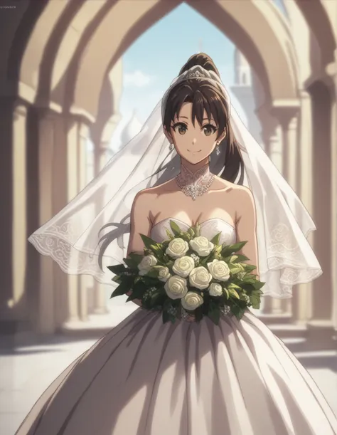 score_9, score_8_up, score_7_up, gsfghtr, ponytail, wedding dress, 1girl, smile, mosque