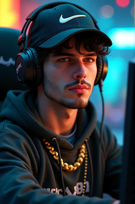 30 year old man,  chain with a Nike cap and gamer headphones,  sitting in a gaming chair ,  with gold earrings and a ,  dark-haired with little goat , His nickname is leprechaun TK 