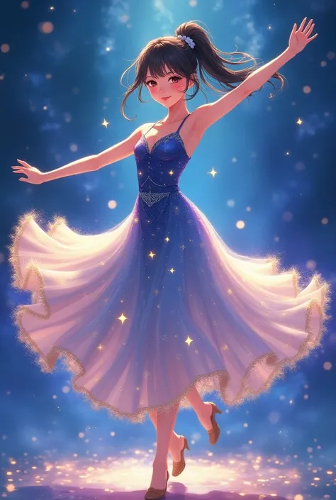 An anime-style character dancing and wearing a star-colored dress
