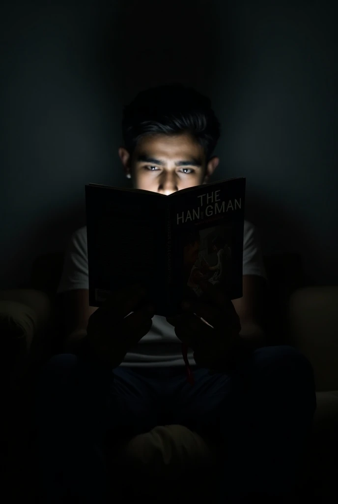 Young 20 year old Nepali boy holding a novel named, "The Hangman." He is in the dark and he cannot be recognised due to darkness but we can see the book cover. Make the book cover dark with a good photo and the name The Hangman. The boy is sitting on a sof...