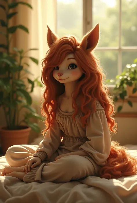 (photorealism:1.2), beautiful animal 
, sitting on bed, wearing loose off-shoulder top, pajama pants, long curly hair, indoors, soft lighting, plants in background, window with sunlight, cozy room, relaxed pose, realistic, intricate details, warm colors, b...