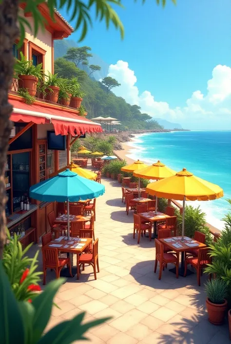  An outdoor restaurant, on the beach shore,  with 6 tables with umbrella ,  a bar and televisions , many pots ,  natural and familiar environment  