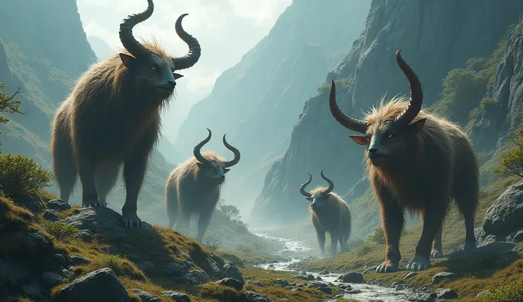 There is an Aoyama ，There are several ferocious and bizarre four-legged beasts living under the mountain，The beast is covered with hair all over its body ，There are four strange beasts living on Mount Heavenly Twin Horns （ best quality on the tree，4K，8k， h...