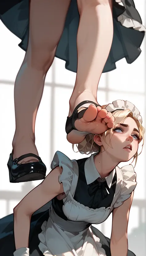 anime women, maid, raised leg, stomping of feet on throat, stomping of feet on neck, looking down, head out of frame, throw