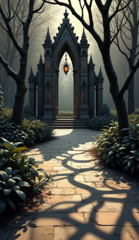 Create a painting depicting a Gothic-inspired garden pavilion, whose sharp, angular forms echo the broken planes of Cubism. As morning light begins to seep into the scene, long, distorted shadows stretch across the ground, creating an intricate latticework...