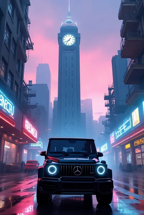  cyber pung neon city clock tower behind benz g wagon 
