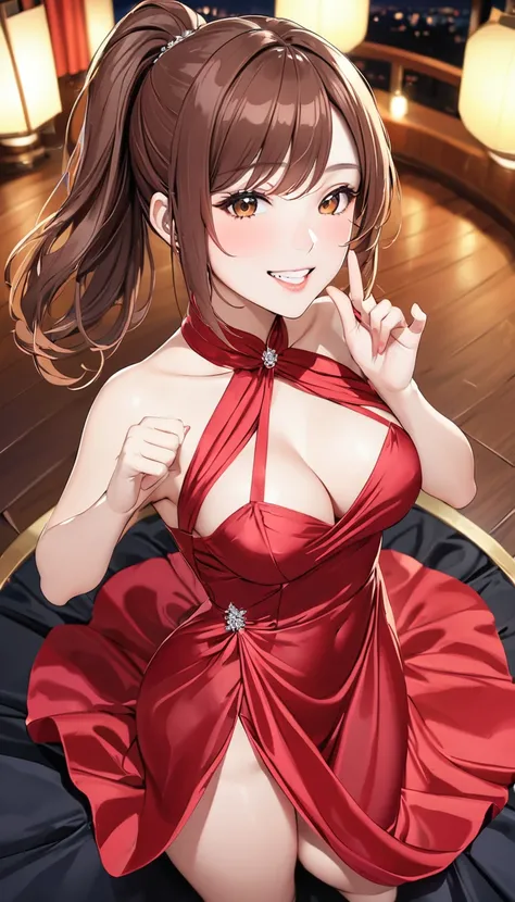 woman,30 years old,, venue,night,(((sexy silk dress))),grin,Seduce、fellatio gesture , stick out your tongue、((Beautiful ponytail)),(( Brown Hair )),、,(((tits))),(See-through),Chest from above、nip slip、No underwear、Pull the clothes around your chest strongl...