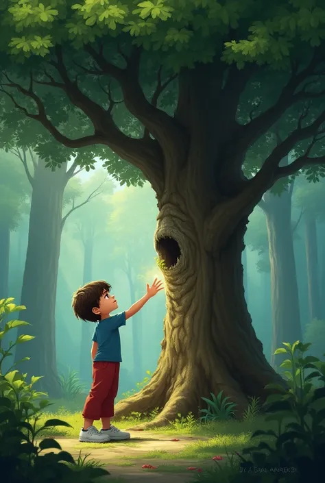 A boy around , wearing a blue shirt, red pants, and white sneakers. He’s curious, adventurous, and has a strong sense of wonder. The boy touches the tree, and it awakens