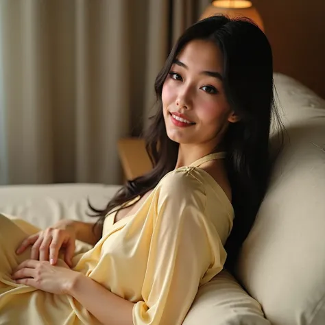 A mature Chinese lady, age 30 years old, small Asian breast, elegant long hair past shoulders. Wearing modest deep cream yellow sleeping gown. Lying down casually on a comfortable sofa bed, turning her head looking back sexily at the camera. Professional p...