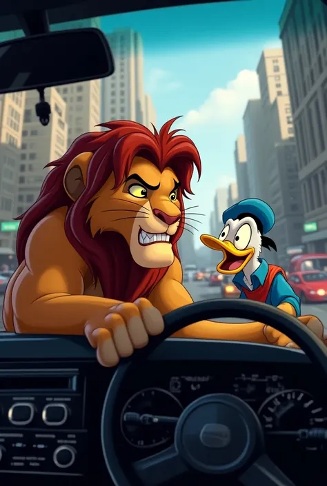 Simba du roi lion conduisant une berline. Il sénerve au volant de sa voiture car coincé dans les embouteillages. Il klaxonne la voiture devant lui dans laquelle se trouve à lintérieur Donald duck très énervé.