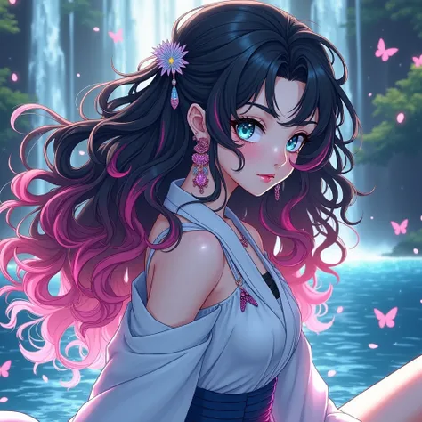  screenshot of the Anime hero My Academy A beautiful woman ,  long curly hair of intense black color with neon pink reflections with sparkles,  intense and beautiful light blue eyes ,  hairstyle thrown to one side , pale skin,  dressed in a divine white ki...