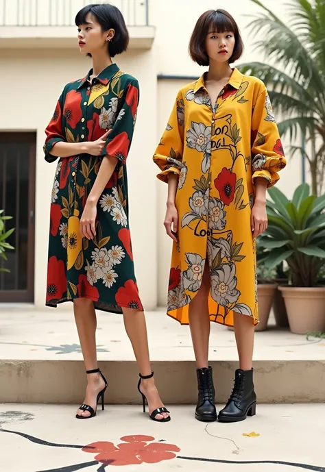  2025 spring and autumn loose shirt dress art design，Jean-Michel Basquiat street graffiti pattern style ， Super Pretty Girl Model Poppy Flower Form，British Vivienne Westwood Clothing Style ，Chiffon fabric ， high quality fabric ，--Aspect Ratio 1 : 2 --quali...