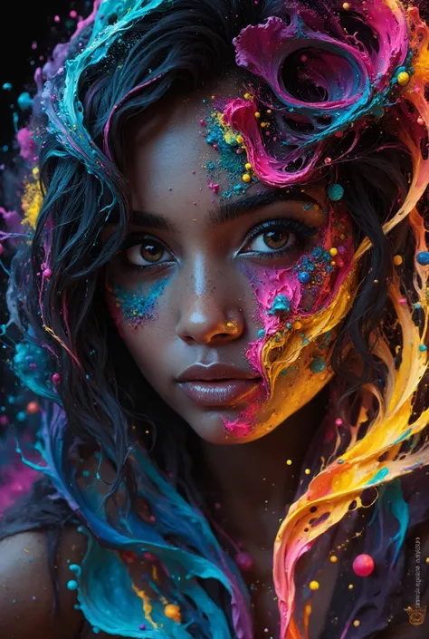 Ultra-high resolution portrait of a beautiful woman with neon-colored paint drips across her face. The paint is vibrant and blends with hues of pink, blue, yellow, and purple, flowing in abstract, fluid patterns. The facial features should be hyper-realist...