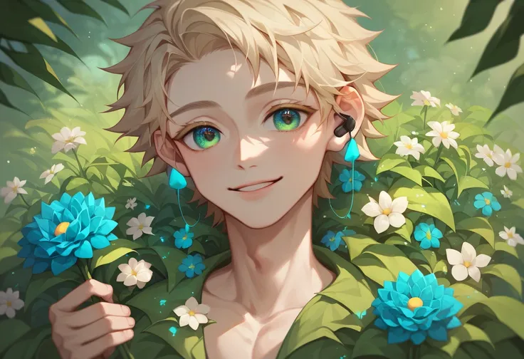 a young, boy (Kogamine Len)‚ cute, earphonr‚ sitting in a field of flowers, beautiful detailed lips, extremely detailed eyes and face, long eyelashes, smiling, holding a flower, sunlight streaming through the trees, vibrant colors, lush green grass  