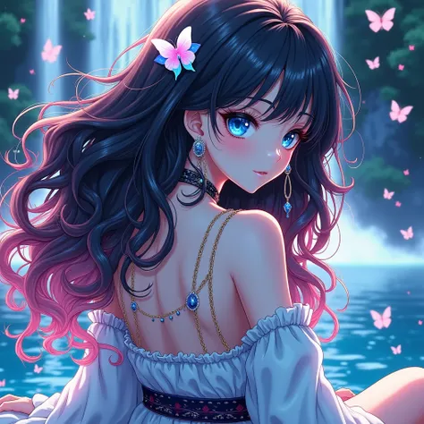  screenshot of the Anime hero My Academy A beautiful woman ,  long curly hair of intense black color with neon pink reflections with sparkles,  intense and beautiful light blue eyes ,  hairstyle thrown to one side , pale skin,  dressed in a divine white ki...