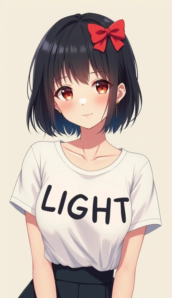 Anime images, 4K,woman,Age 30,Black hair,Wear a white shirt,, cute little face ,Big eyes, Background is Cream Gray,,Cute smile ,,Shy Gesture ,THE SHIRT WRITES THE WORD LIGHT IN CAPITAL LETTERS,Short hair with bangs, big breasts, stick a red bow on my hair ...