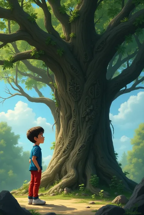 A boy around , wearing a blue shirt, red pants, and white sneakers. He’s curious, adventurous, and has a strong sense of wonder. It’s not just any tree but a guardian of ancient magic