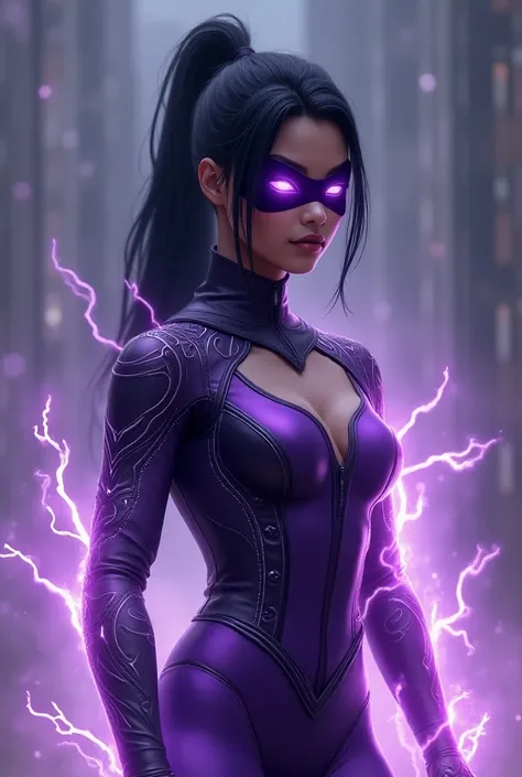 Attractive young indian superhero teenage woman with a purple mask and fully covered suit with electric powers