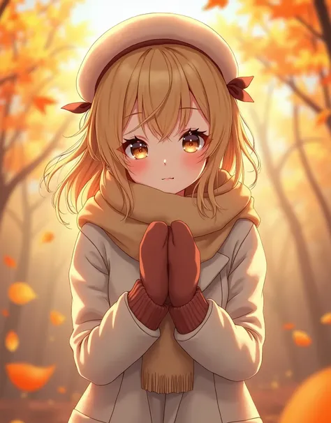 cute anime girl, 1girl, autumn, atmospheric weather, wyb, exquisite detailed girl, white coat, beige soft scarf, warm mittens, blonde hair, brown eyes, cute hairstyle with bows, white beret, leaves develop in the wind, detailed background, beautiful detail...