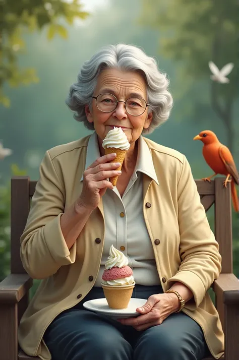 A gray-haired woman bellied with glasses is eating ice a bird on one side 