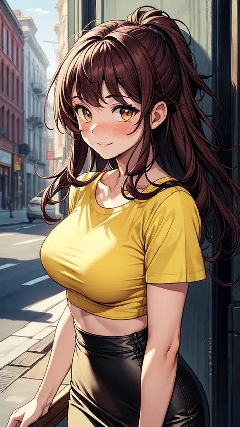 ((((masterpiece, best quality:1.8, high detail)))), (1girl), beautiful (woman), smile, lower body, bright brown eyes, shy, wide-eyed, ((full-face blush)), solo focus, long hair, wavy hair, messy hair, ((dark burgundy hair)), ((yellow t-shirt crop top)), ((...