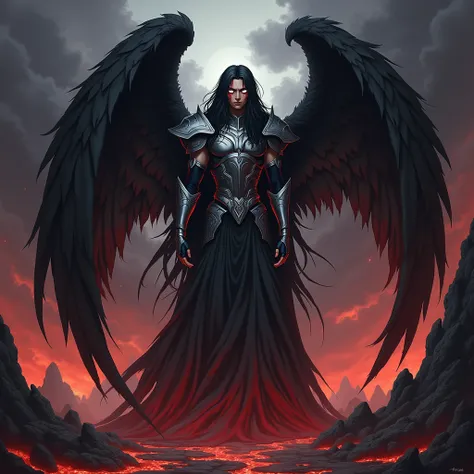  The Fallen Angel is an imposing and tragic figure ,  with long, black hair that falls in waves ,  in contrast to the pallor of your skin . Your white eyes,  as two luminous orbs ,  reflect a deep sadness ,  as tears of blood flow down his face ,  symboliz...