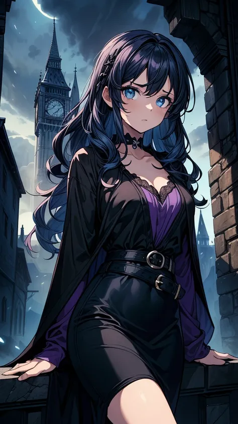 ((((masterpiece, best quality:1.3, high detail)))), beautiful woman, long wavy hair, (dark blue hair), hairpin, bright blue eyes, (purple blouse), ((long black skirt)), pencil skirt, long black skirt:1.3, belt, collarbone, ((atmospheric)), ((shade)), stone...