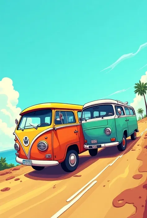 Create a fun, stylized illustration of a van and minibus side by side on a road. A van should have a classic design with rounded shapes and details such as large details and a colored side stripe. The minibus can be a little larger and squarer, with wide w...