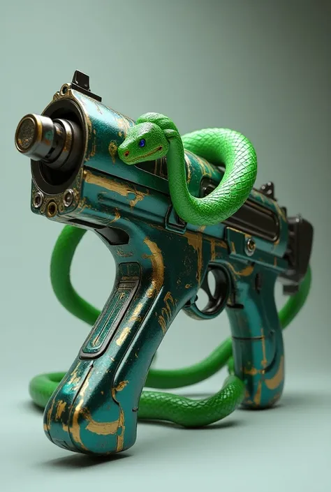 

 Generate an image with the following elements :

 A futuristic-style weapon inspired by MP 40 .

 A decorative design with a green snake that runs through the body of the weapon.

Video game details ,  such as a polished metallic finish ,  with shiny ef...