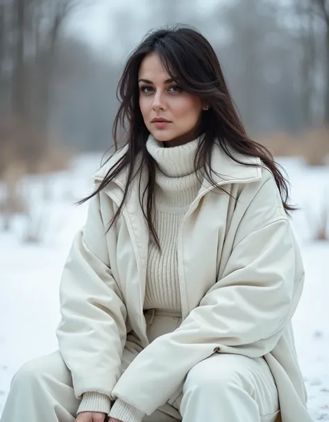 Super real photo, 38 year old ((moderately curvy figure)) short stature,  dark long hair , brunette european woman with long dark, a woman in white pants and a white baggy sweater is sitting outside, white plump outfit ,  In a white winter coat , white ton...