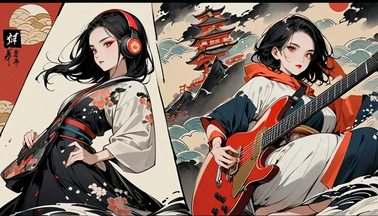 (((Ink Painting))), (((seiza))), (((From below))), ((( flashy makeup ))), (((Japanese style headphones))), (((Japanese pattern hoodie))), (((Wearing a hood))), ((( Electric guitar ))), Japan人の美少女, Standing posture，Black Hair , Delicate and precise,  Modern...